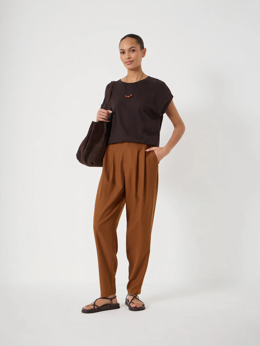 Rust brown wool blend trousers.