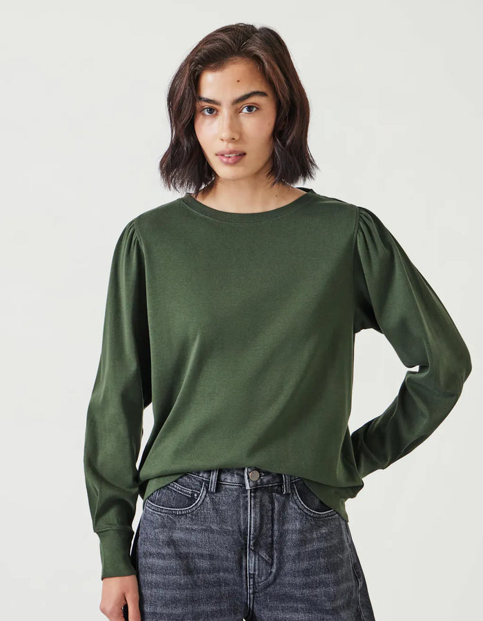 Emily Puff Sleeve Cotton Jersey Top - Khaki Green