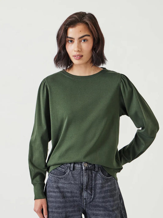 Khaki green cotton puff sleeve top.