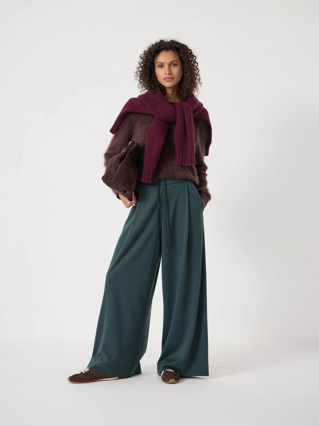 Deep, cool teal wide leg trousers.