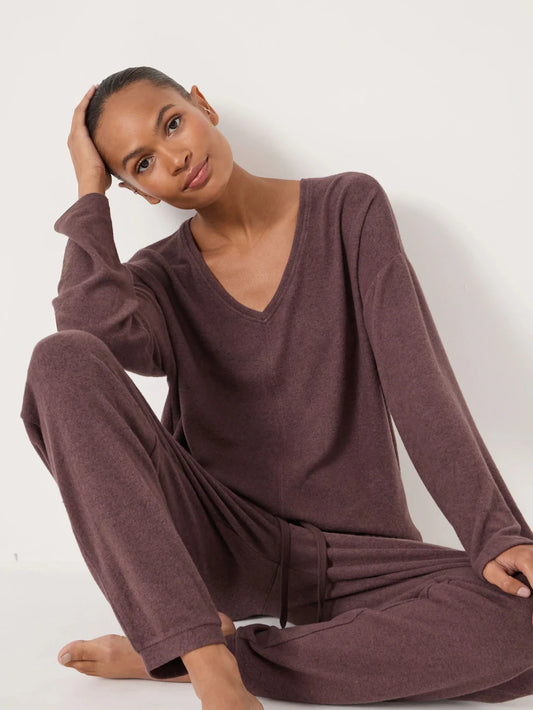 V-neck chocolate loungewear top.
