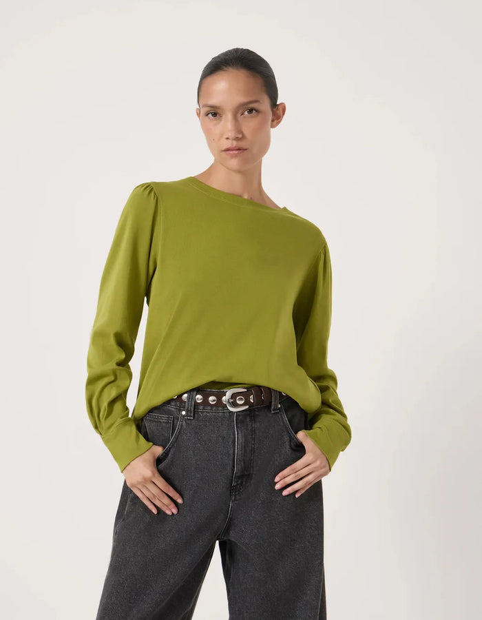 Emily Puff Sleeve Cotton Jersey Top - Olive Green