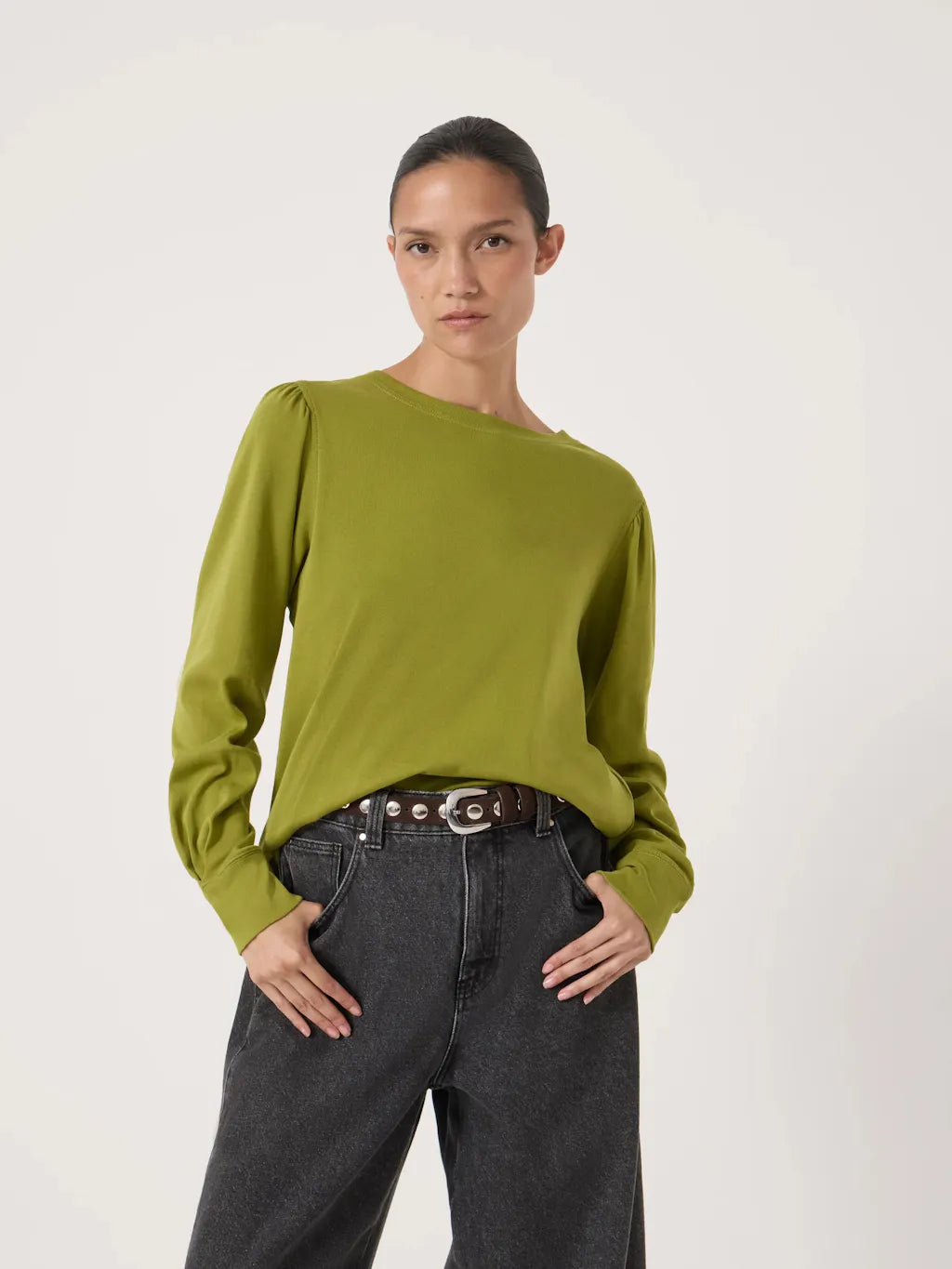 Warm olive green cotton puff sleeve top.