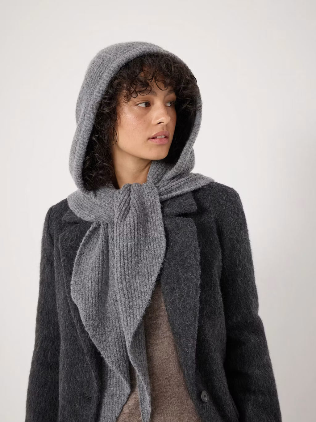 Knitted Hooded Scarf - Light Grey Marl