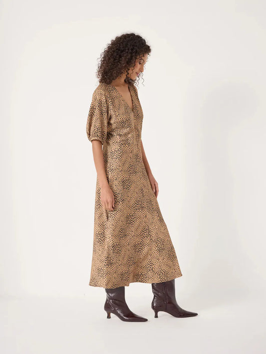 Grace V-Neck Puff Sleeve Satin Dress - Deer Brown