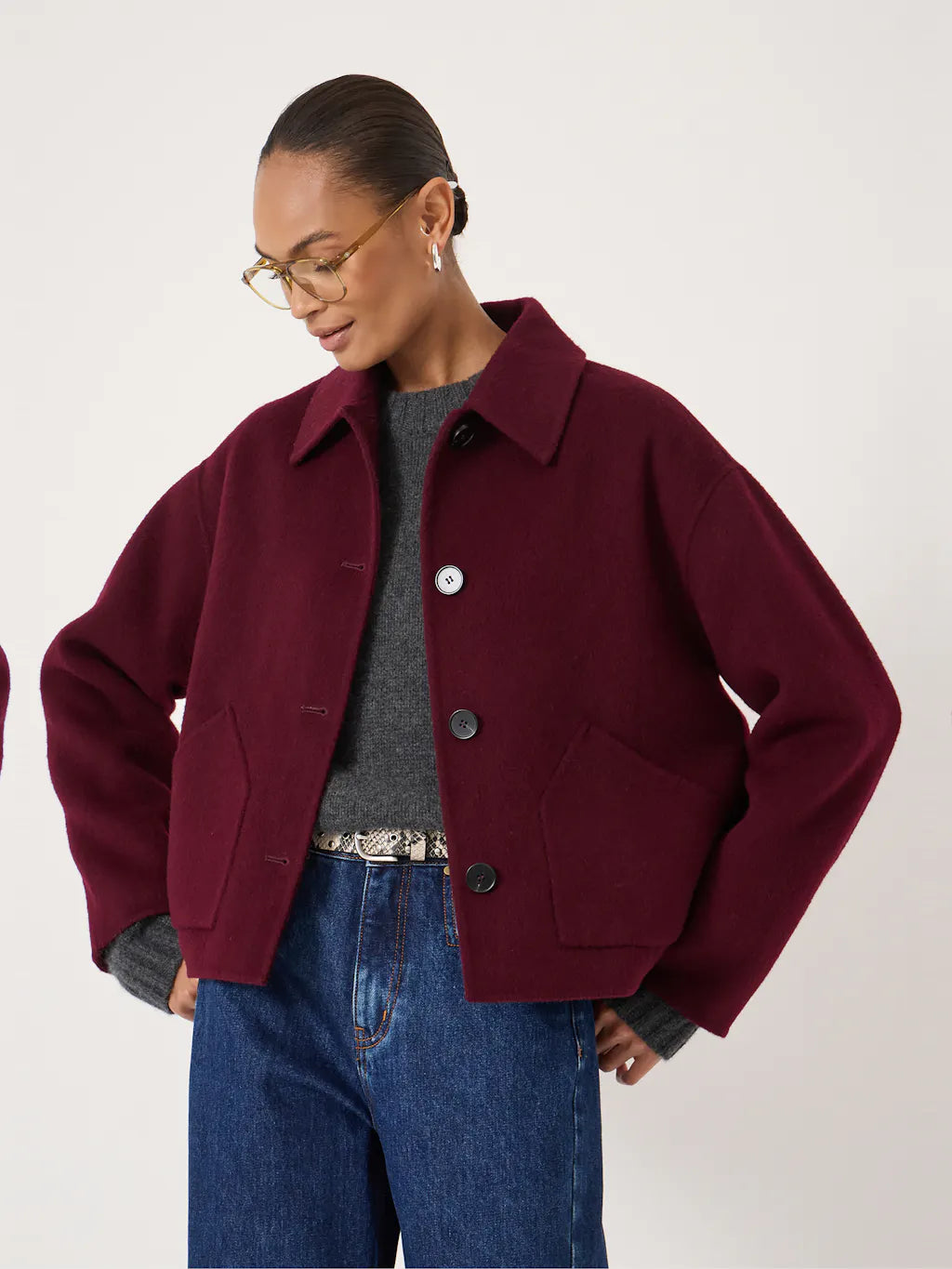Wine red wool jacket with deep pockets.