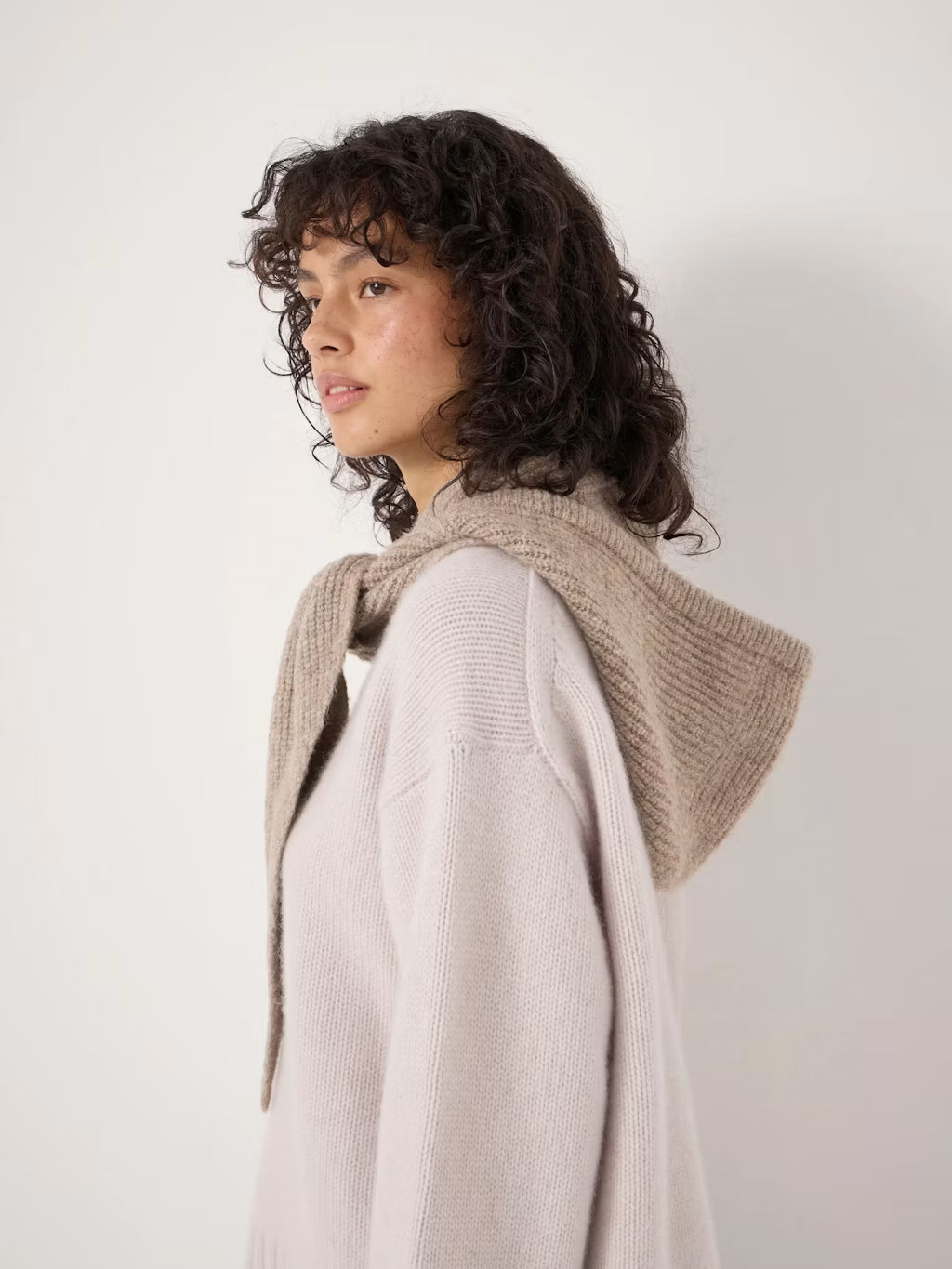 Knitted Hooded Scarf - Oatmeal Grey