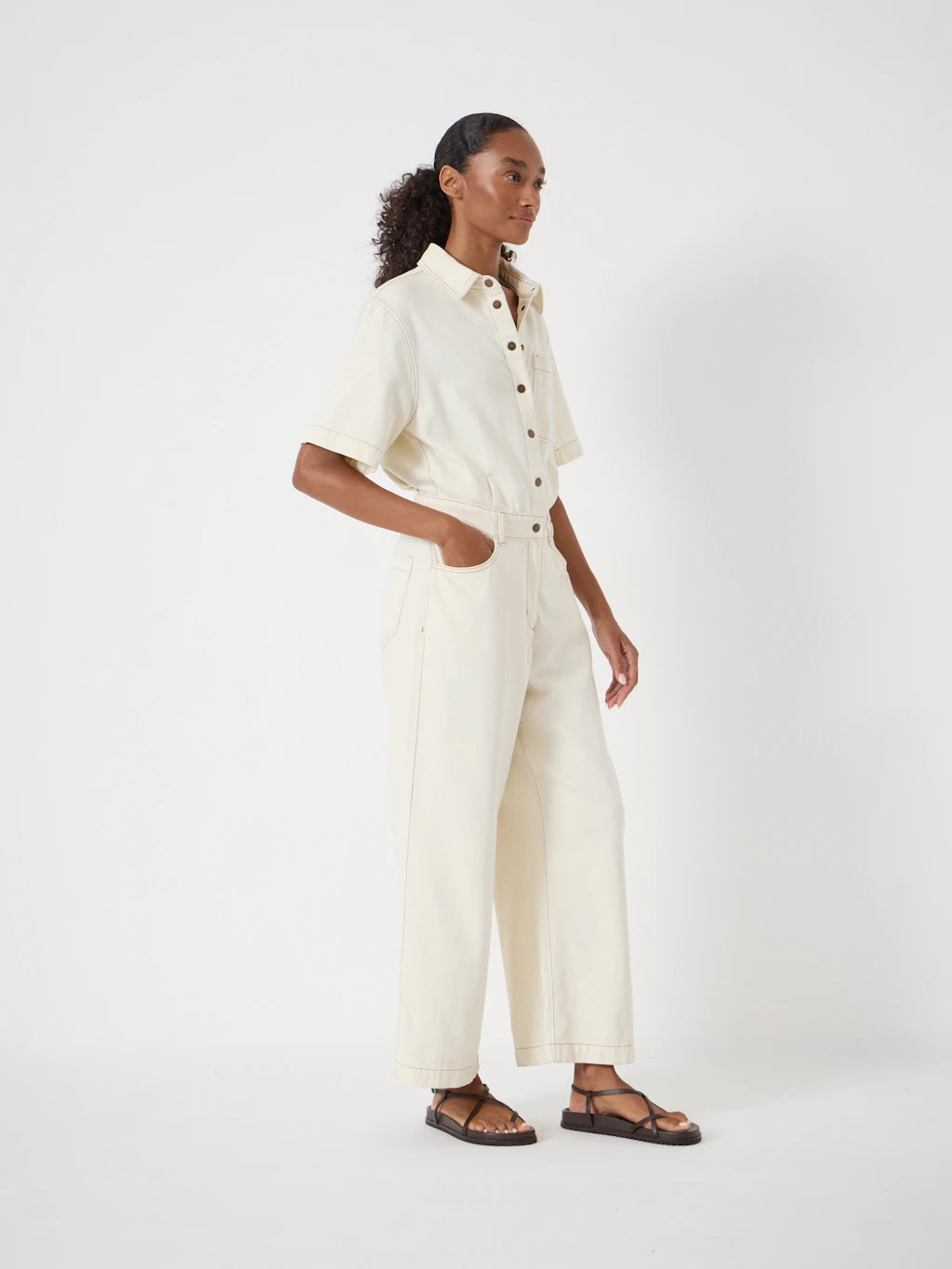 Evelyn Short Sleeve Denim Jumpsuit - Ecru