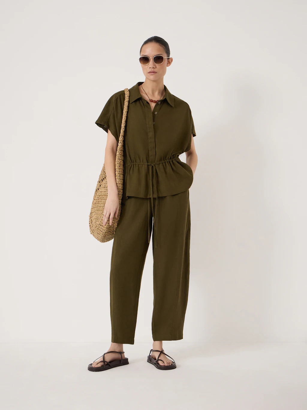 Mirai Linen Blend Short Sleeve Shirt - Army Olive