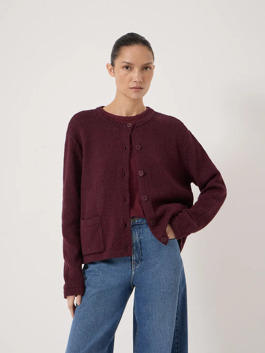 Burgundy textured cotton cardigan.