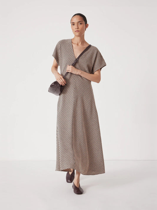 Taupe gingham maxi dress.