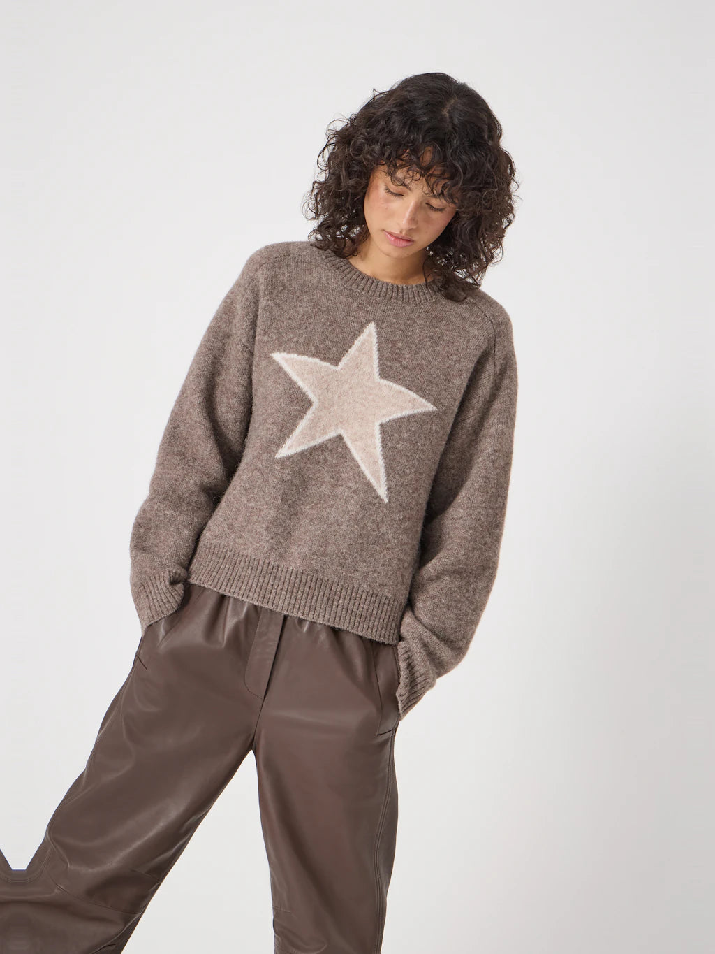 Wool Blend Star Jacquard Jumper - Antler Brown