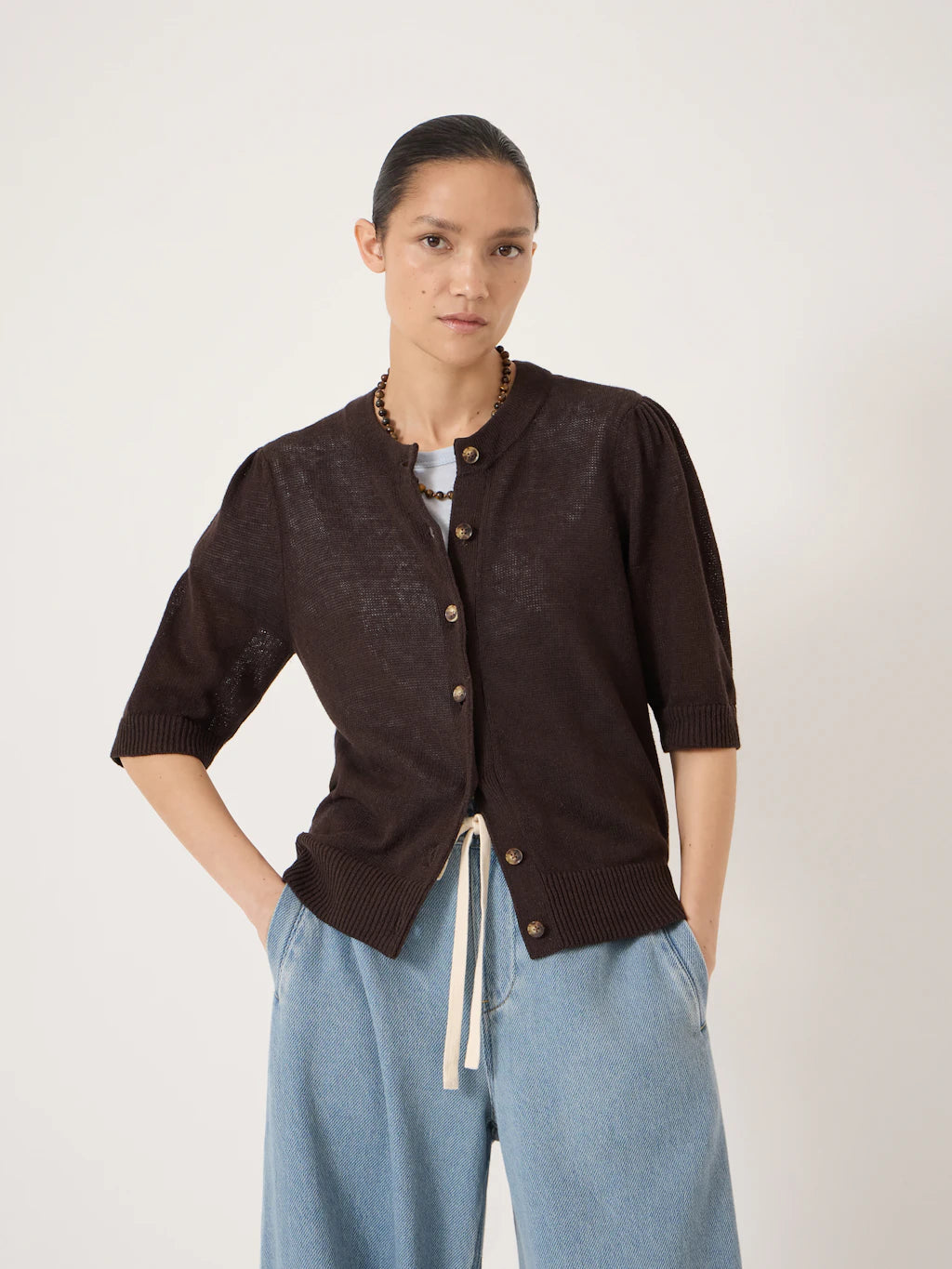 Celeste Short Sleeve Linen Blend Cardigan - Dark Brown