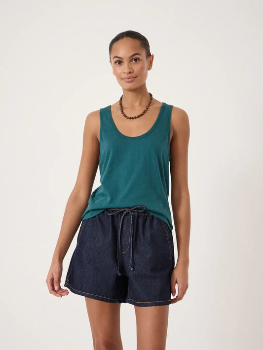 Deep teal sleeveless tank top with a scoop neckline in a soft, lightweight fabric.
