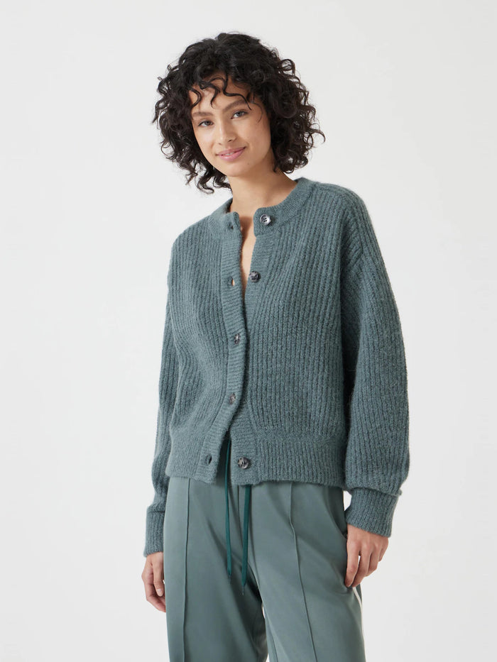 Soft blue-green round neck cardigan.