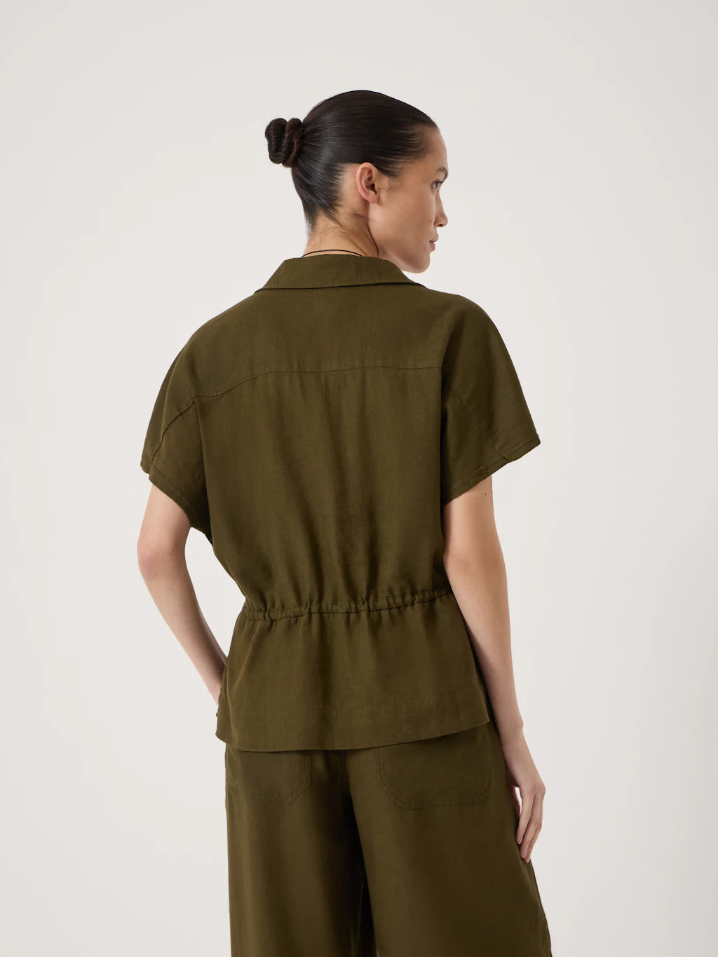 Mirai Linen Blend Short Sleeve Shirt - Army Olive