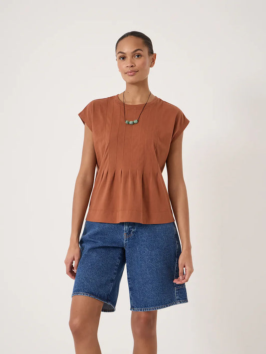 Warm terracotta brown 100% cotton pleated t-shirt.
