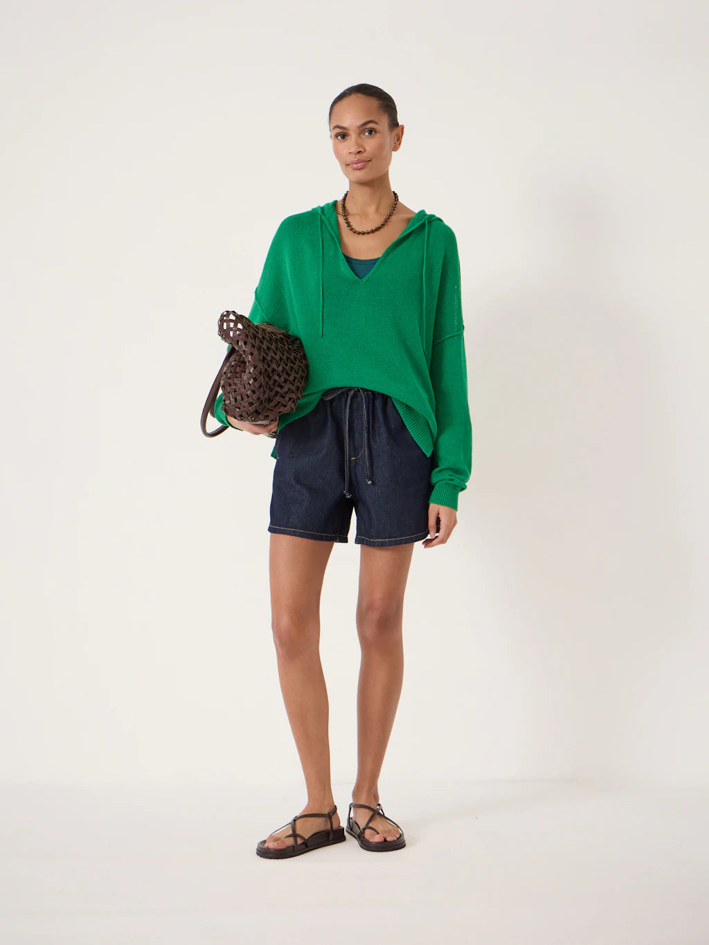 Cara Linen Blend V Neck Hoodie - Bright Green