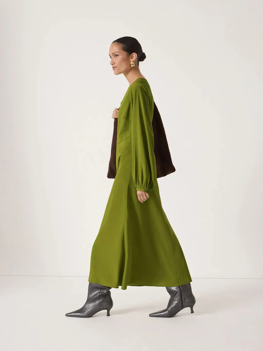 Grace V-neck Long Sleeve Dress - Dark Olive Green