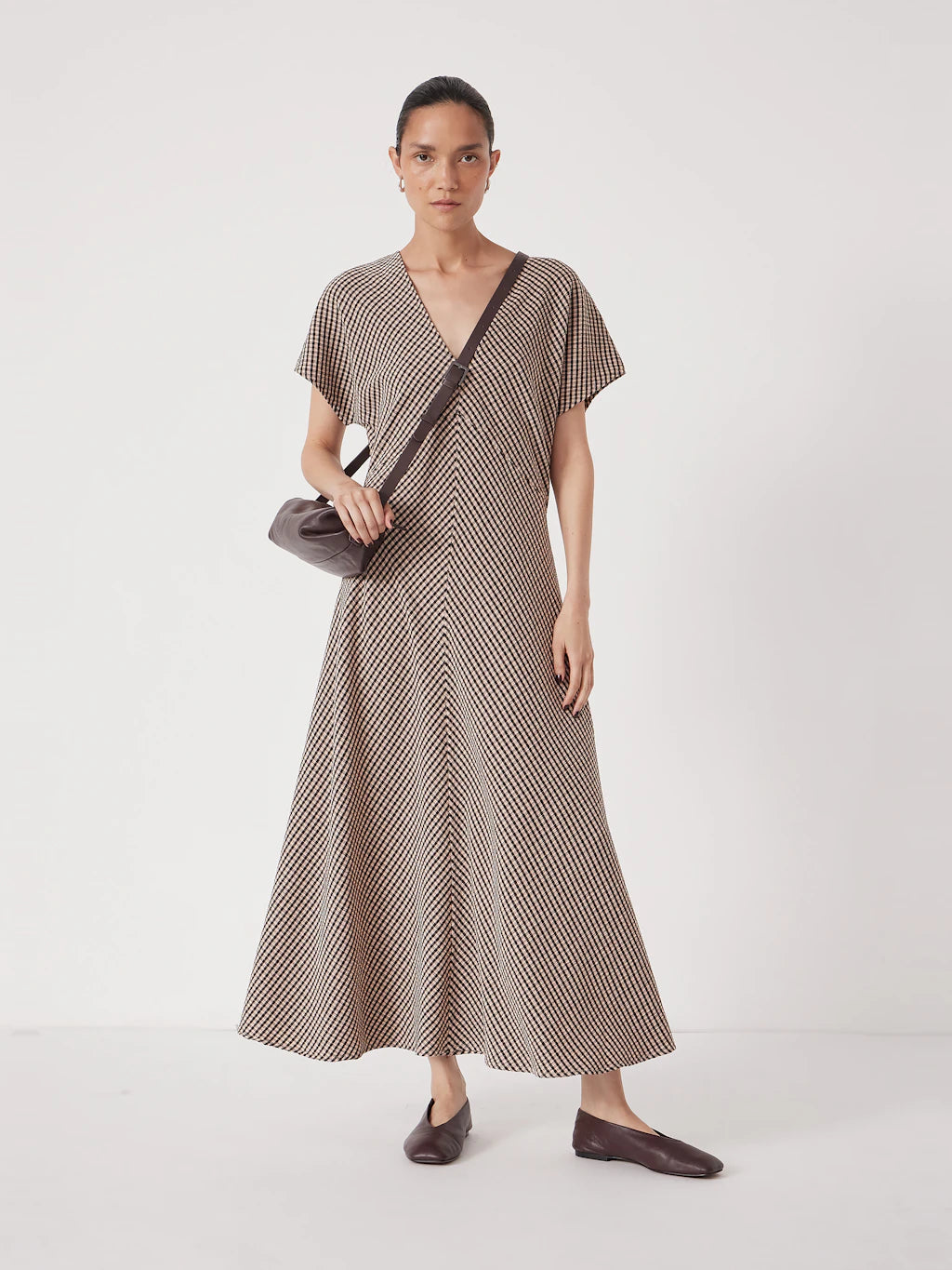 Grace Jersey Gingham Check V-Neck Maxi Dress - Taupe Brown