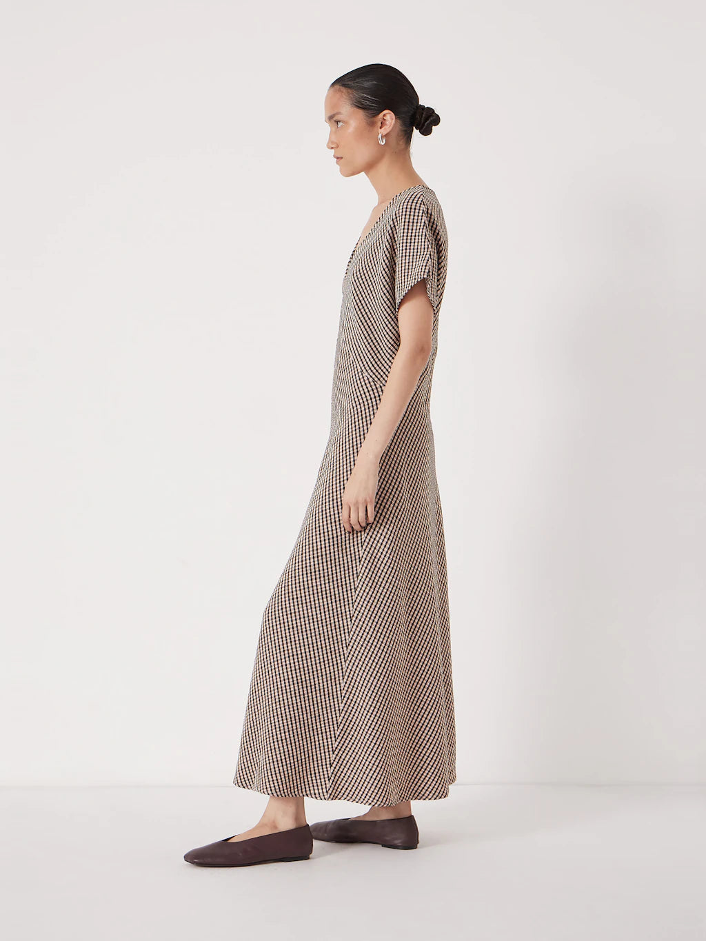 Grace Jersey Gingham Check V-Neck Maxi Dress - Taupe Brown