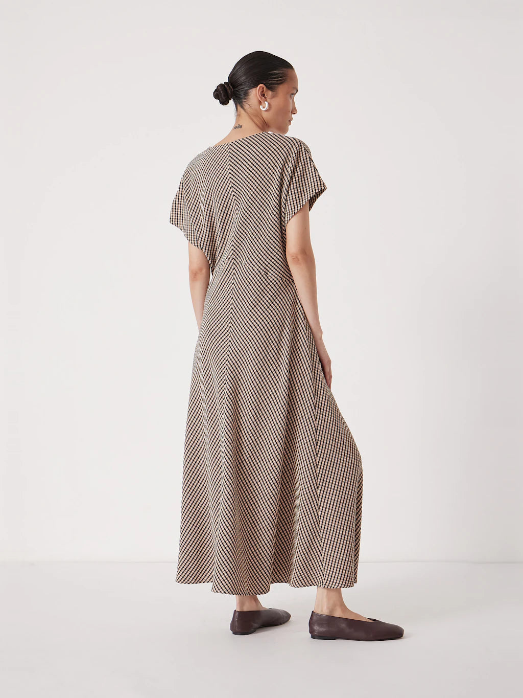 Grace Jersey Gingham Check V-Neck Maxi Dress - Taupe Brown