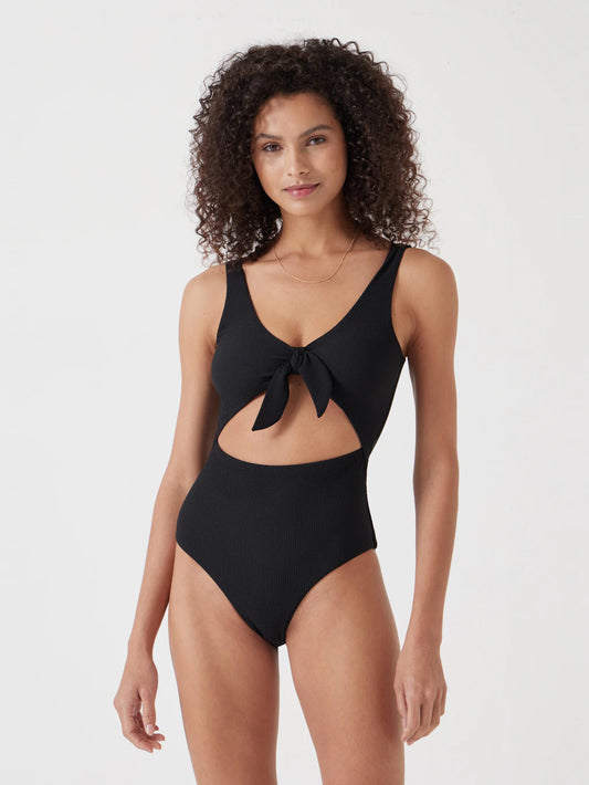 Crinkle fabric tie-front black swimsuit.