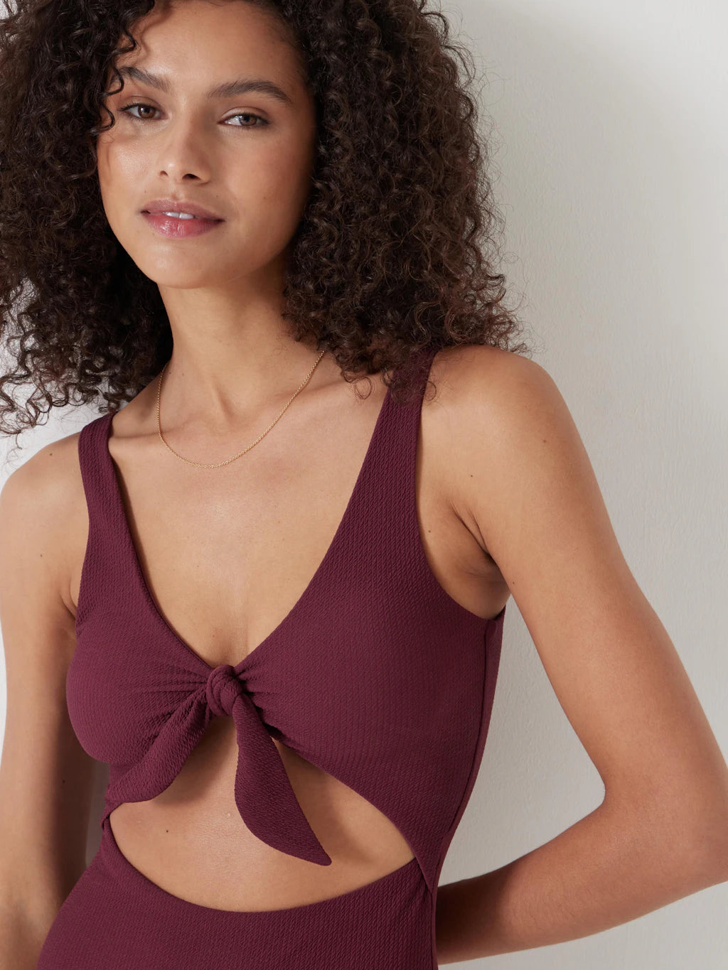 Tie Front Texture Swimsuit - Burgundy Red