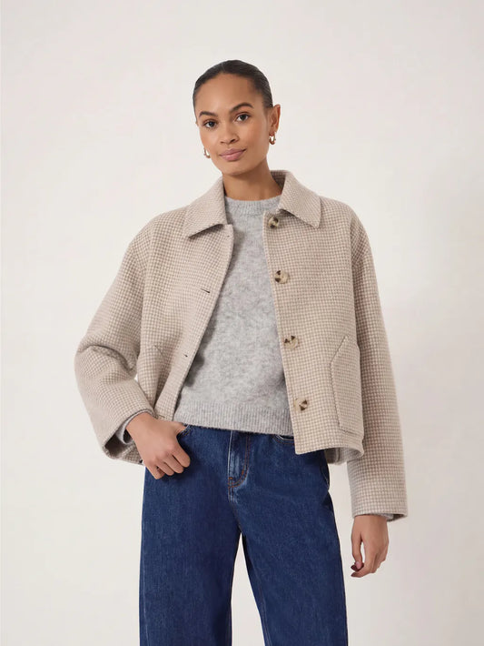 Oatmeal check cropped wool jacket with buttons.