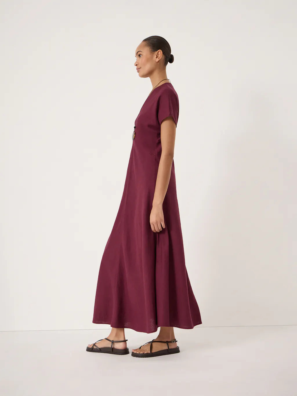 Grace Linen Blend V Neck Maxi Dress - Maroon Red