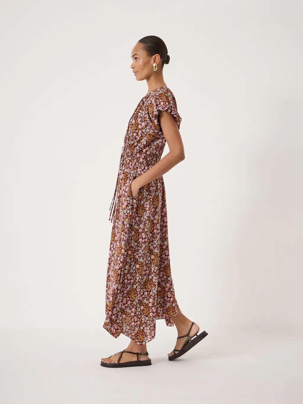 Zuri Short Bubble Sleeve Printed Dress - Sunset Floral Midi