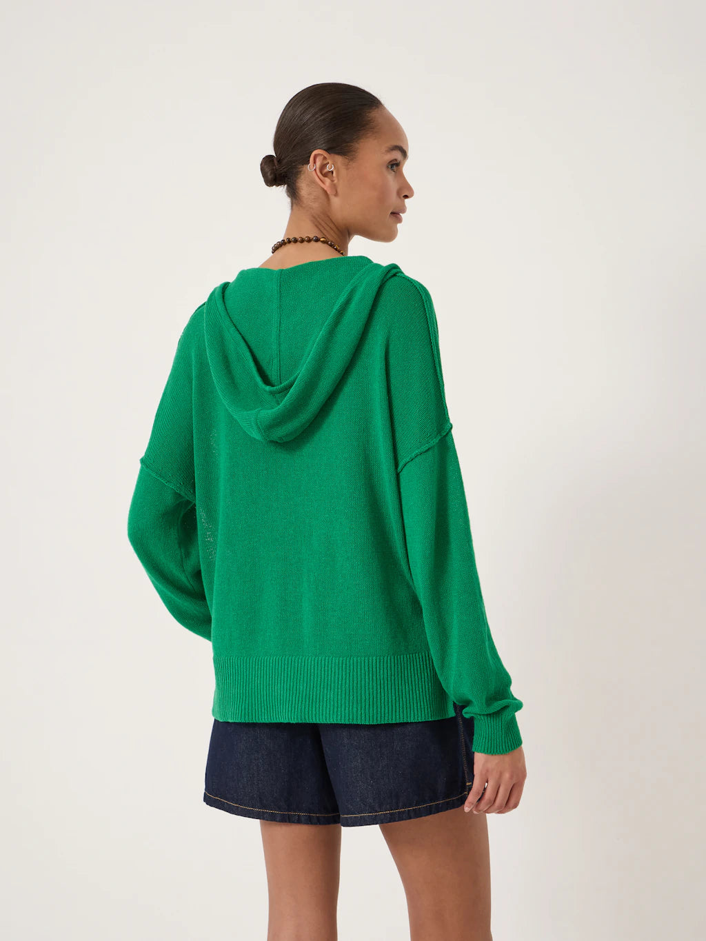 Cara Linen Blend V Neck Hoodie - Bright Green