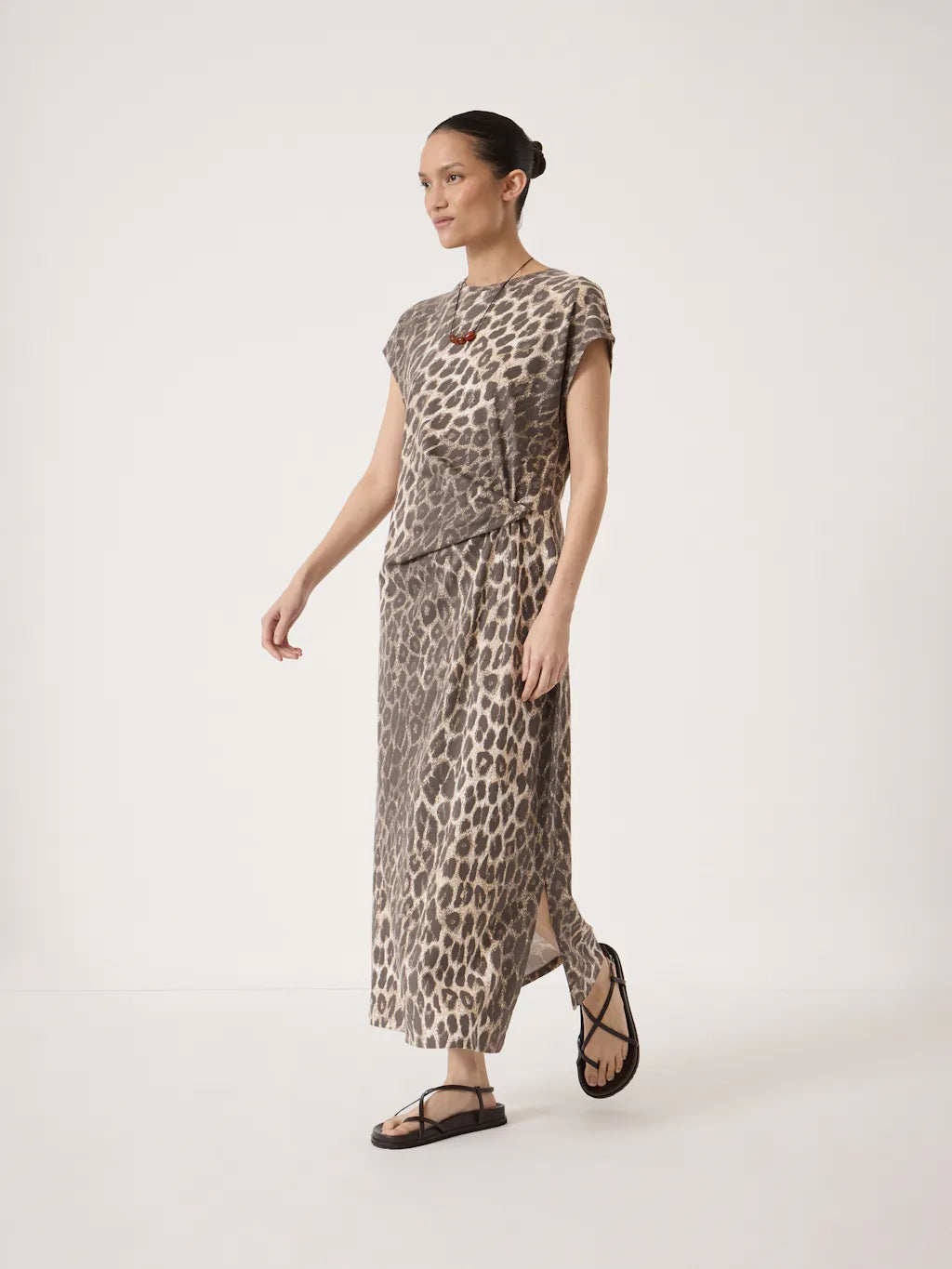 Athena Twist-Detail Jersey Dress - Neutral Leopard Print