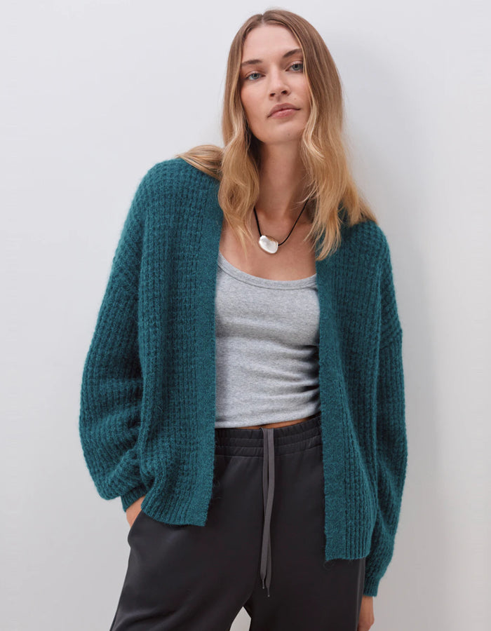Flossie Waffle Stitch Wool Blend Edge to Edge Cardigan - Teal Blue