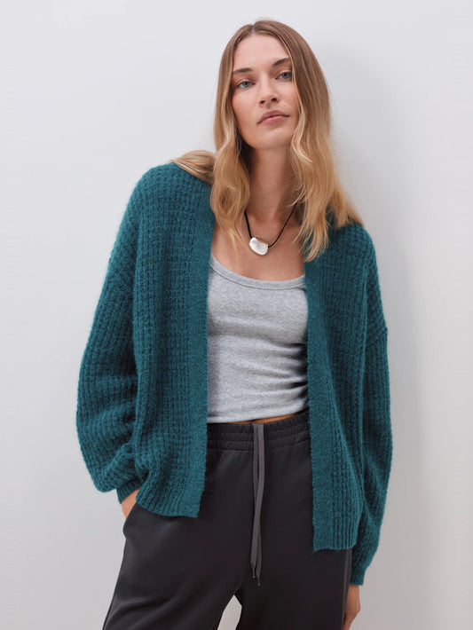 Flossie Waffle Stitch Wool Blend Edge to Edge Cardigan - Teal Blue