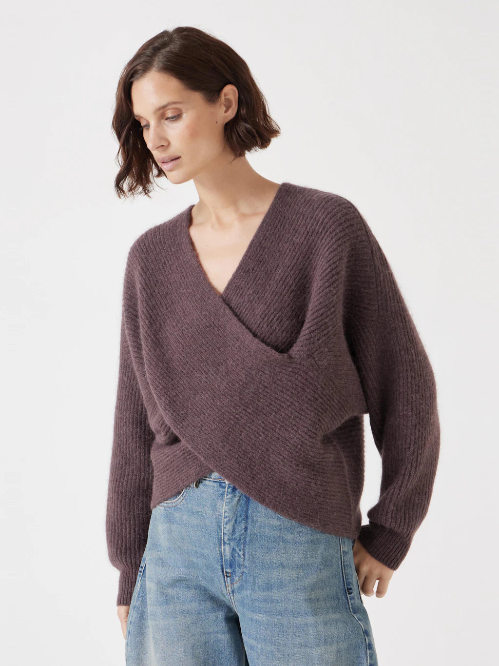 Soft brown wrap-front jumper.
