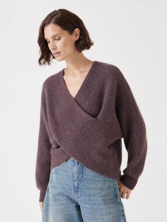 Soft brown wrap-front jumper.