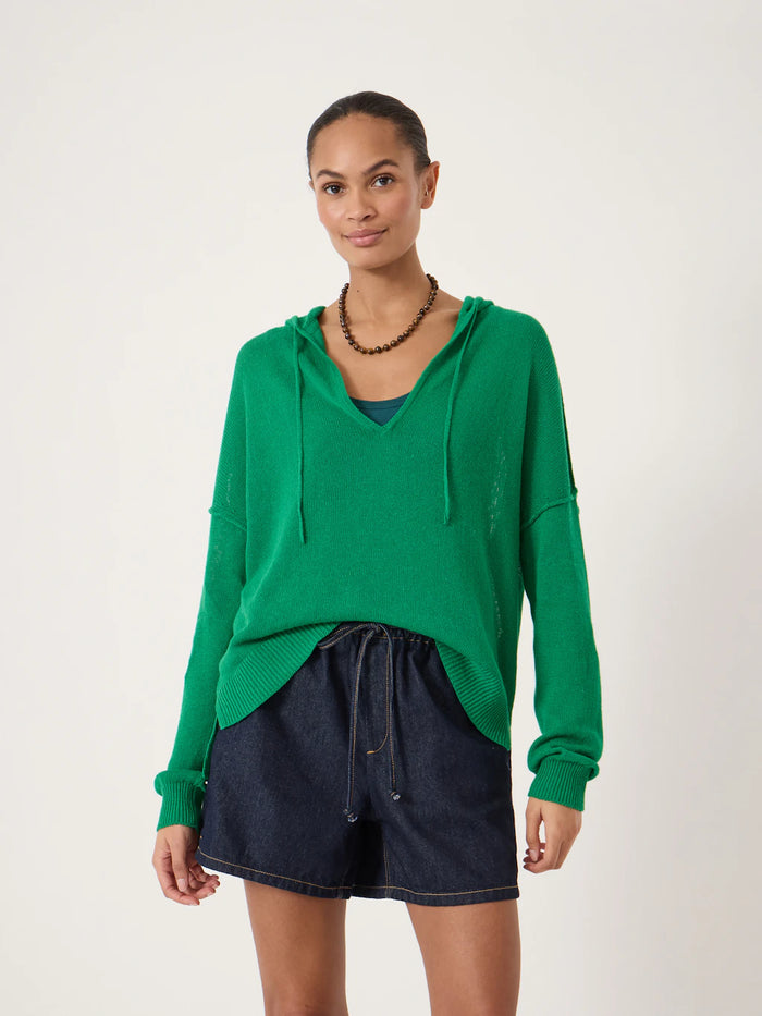 Emerald green linen-blend hoodie.
