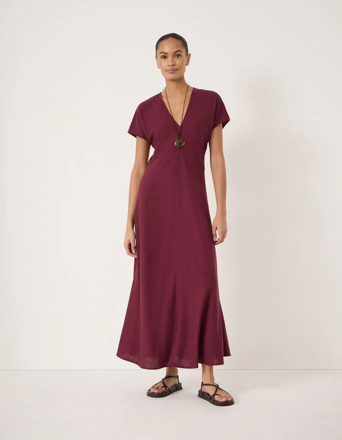 Grace Linen Blend V Neck Maxi Dress - Maroon Red