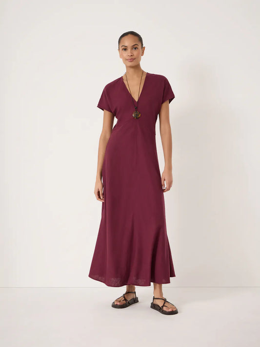 Burgundy linen blend v-neck dress