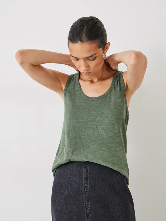 Muted olive green sleeveless tank top with a scoop neckline in a soft, lightweight slub fabric.