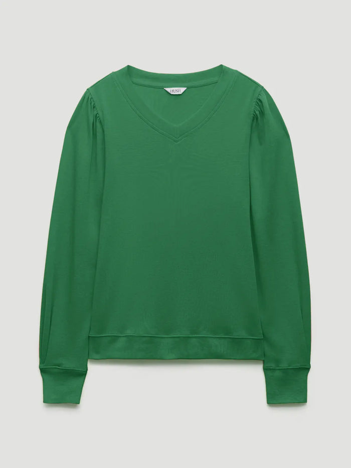 Green cotton v-neck top.