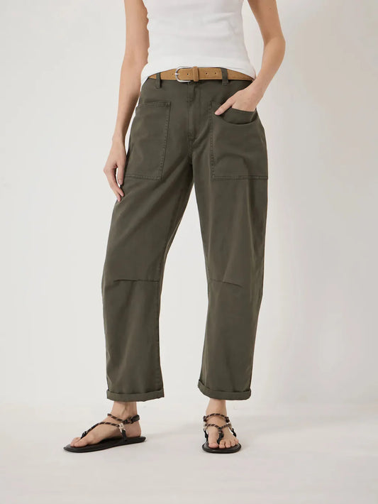 Cotton khaki barrel leg trousers.
