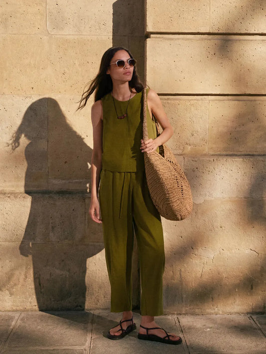 Moss green linen blend trousers
