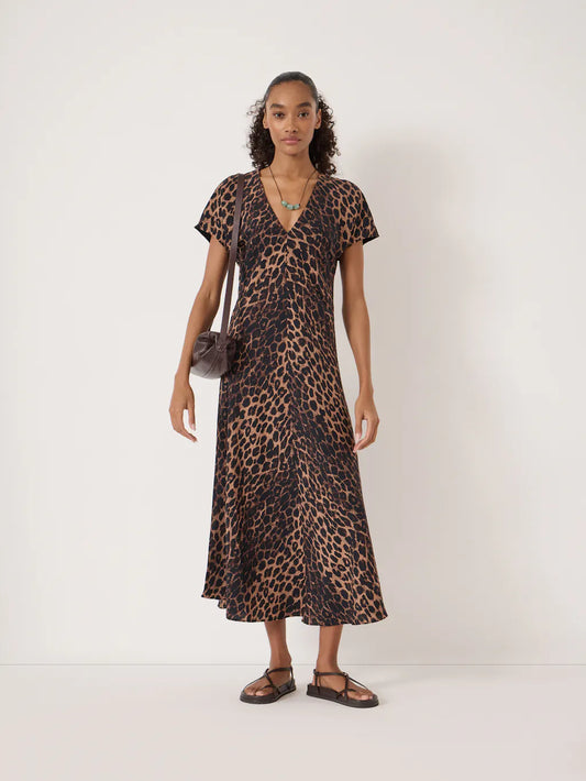 V neck leopard print midi dress.