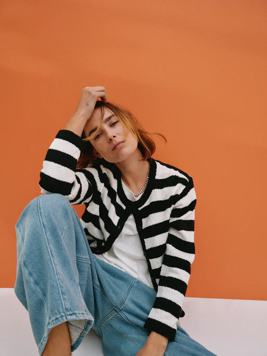 Black and white striped cotton cardigan.