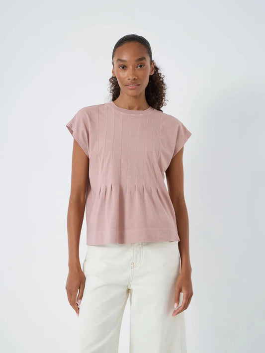 100% cotton ash rose t-shirt with pleats.