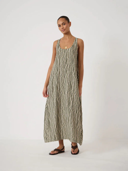 Olive green striped maxi dress.
