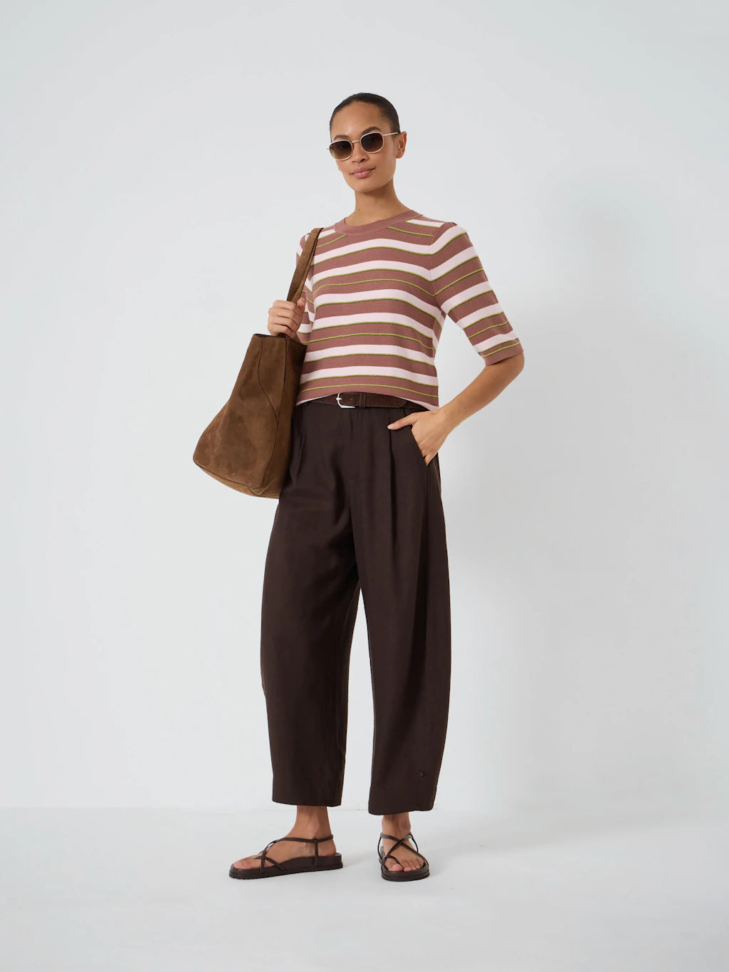 Gathered Shoulder Stripe Knitted T-shirt - Clay Brown