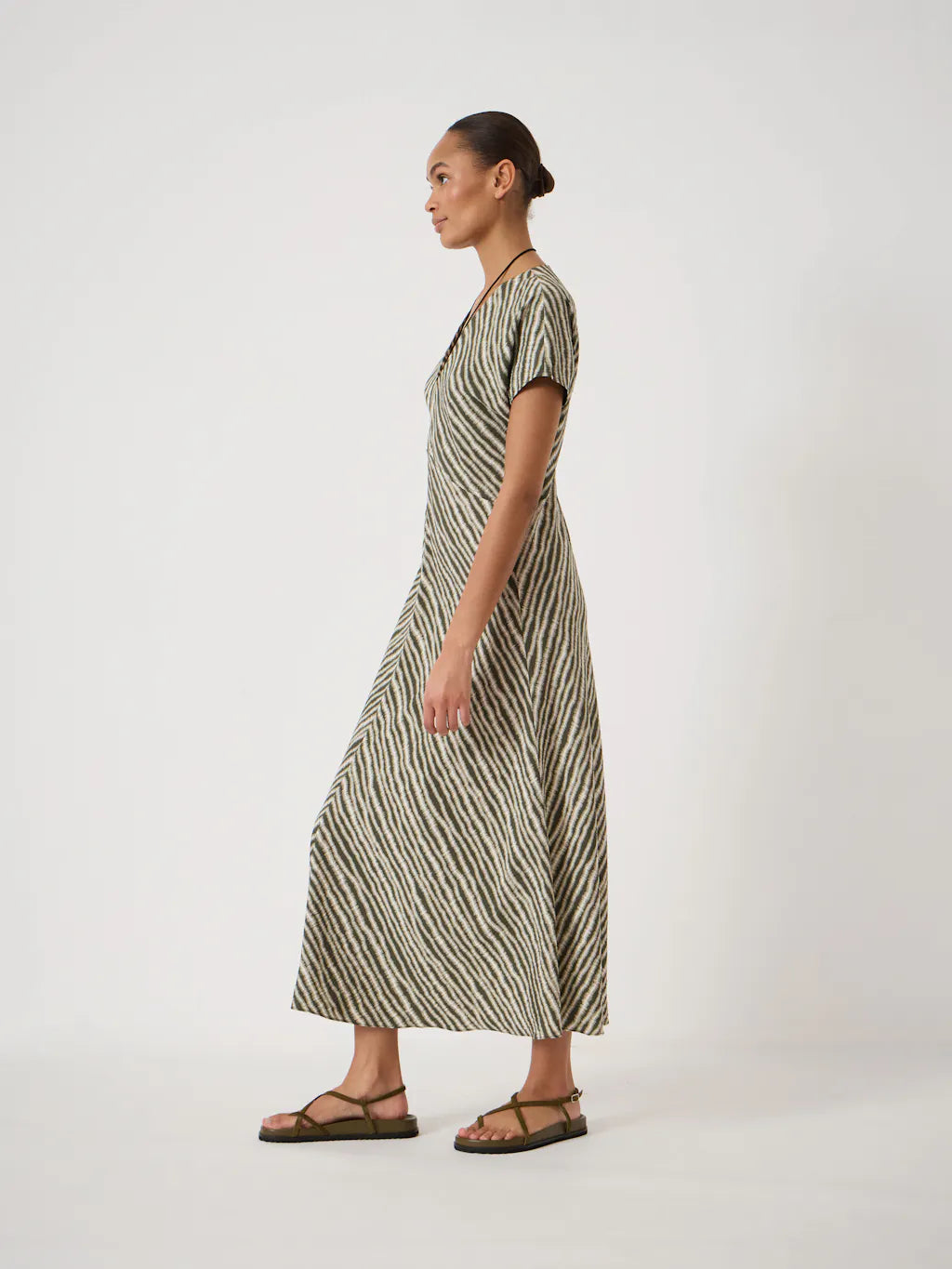 Grace Linen Blend V Neck Maxi Dress - Blurred Lines/Green
